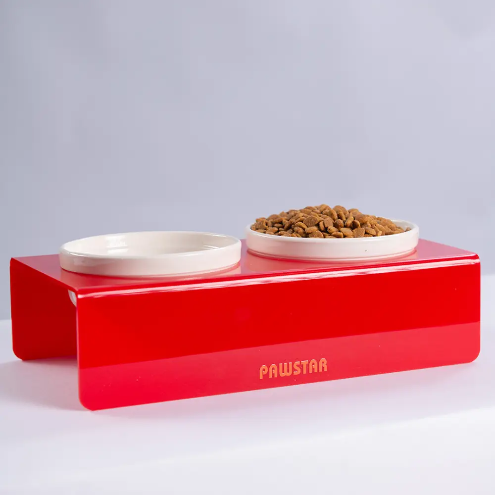 26606-Kırmızı Çiftli Pleksi-Seramik Mama ve Su Kabı-2