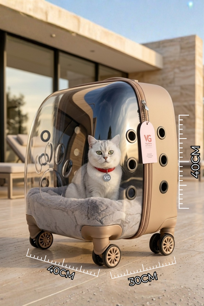 Anna Premium Şeffaf Kedi ve Köpek Taşıma Valizi | Çekçekli Tekerlekli Pet Taşıma Çantası Kahve-2