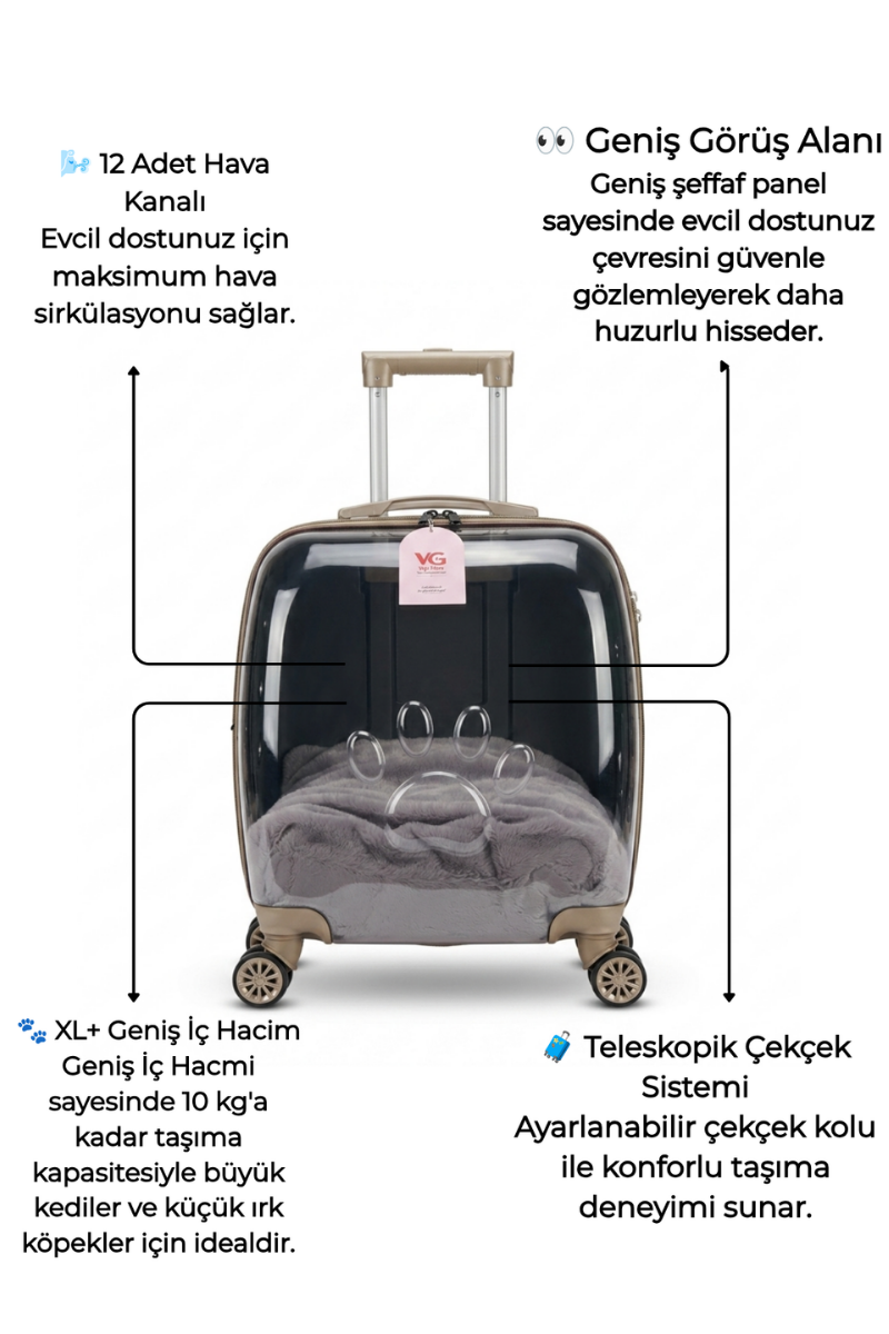 Anna Premium Şeffaf Kedi ve Köpek Taşıma Valizi | Çekçekli Tekerlekli Pet Taşıma Çantası Kahve-3