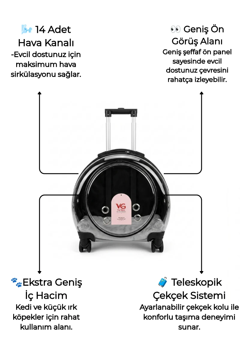 VG Premium Çekçekli Kedi Taşıma Valizi | Şeffaf Astronot Kedi & Küçük Köpek Taşıma Çantası Tekerlekli-3