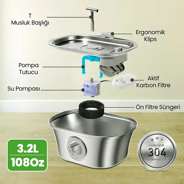 Electron Çelik Kedi Köpek Otomatik İki Musluklu Su Pınarı 3,2Lt-3