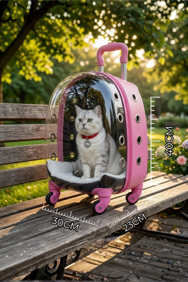 Maria Astronot Şeffaf Kedi ve Köpek Taşıma Valizi | Tekerlekli Pet Taşıma Çantası Pembe -2