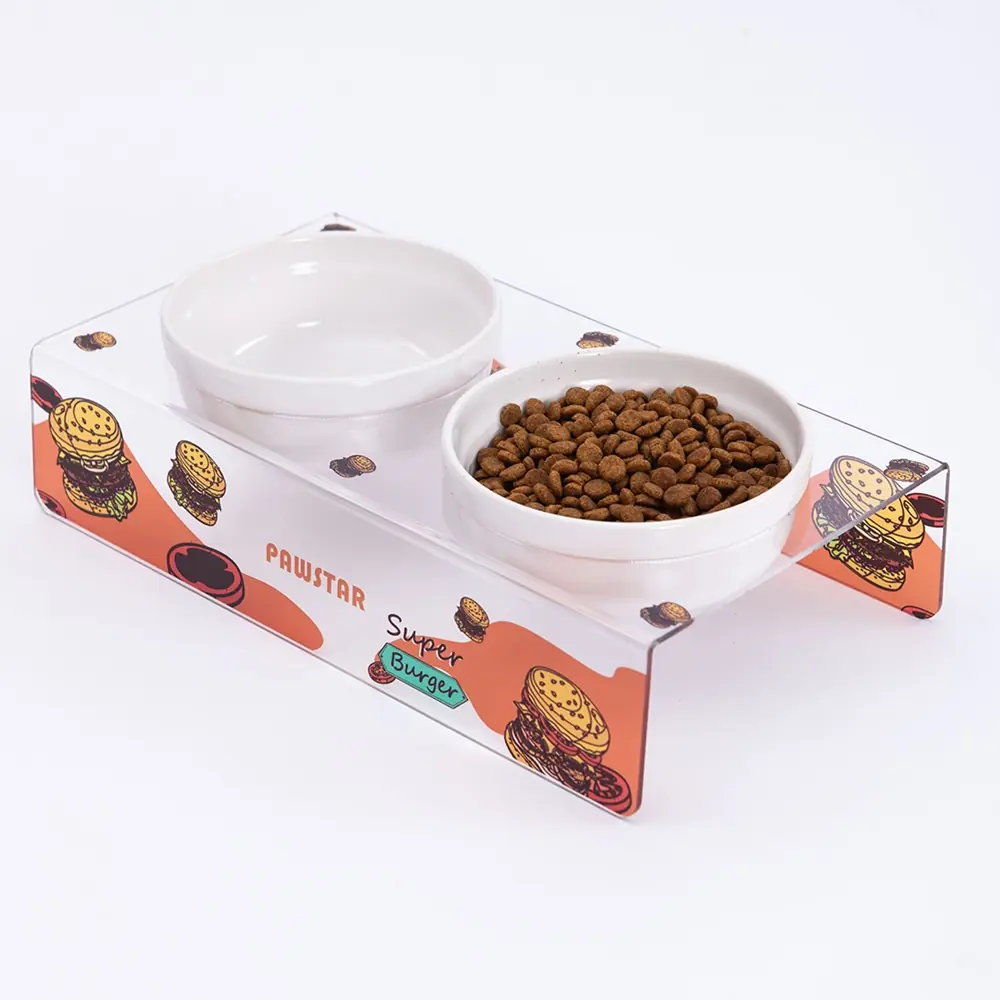 PMK020 Super Burger-İkili Seramik-Pleksi Mama ve Su Kabı-1