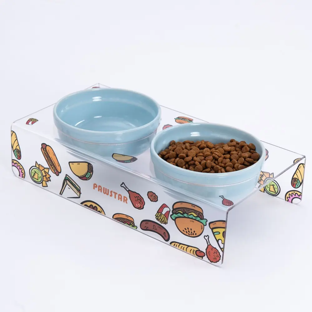 PMK021 Fast Food-İkili Seramik-Pleksi Mama ve Su Kabı-1
