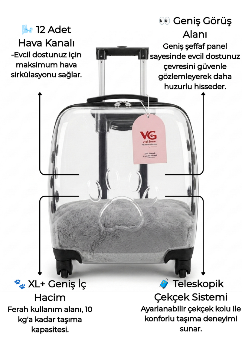 VG Premium Şeffaf Kedi ve Köpek Taşıma Valizi | Çekçekli Tekerlekli Pet Taşıma Çantası-2