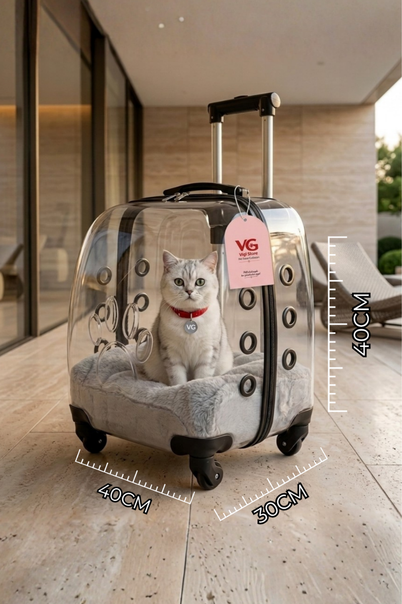 VG Premium Şeffaf Kedi ve Köpek Taşıma Valizi | Çekçekli Tekerlekli Pet Taşıma Çantası-3