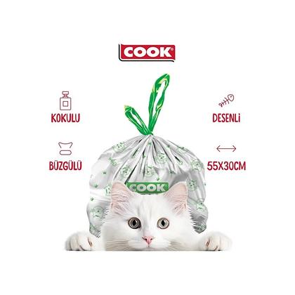 Kedi Tuvaleti Büzgülü Çöp Torbası, 55 x 30 cm, 20 Yaprak, Sabun Kokulu, Beyaz