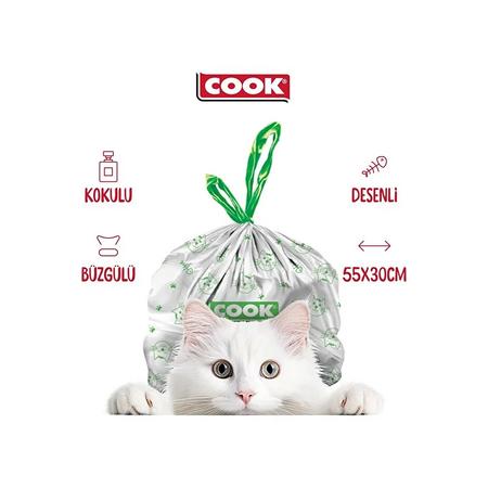 Kedi Tuvaleti Büzgülü Çöp Torbası, 55 x 30 cm, 20 Yaprak, Sabun Kokulu, Beyaz