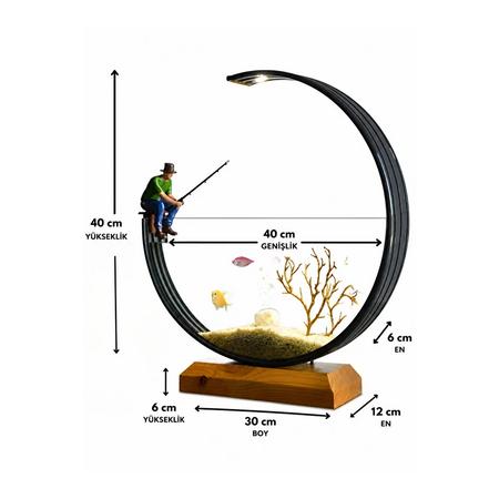 Modern Tasarım Dekoratif Akvaryum – Amber Led Aydınlatmalı 40 cm +Balık Tutan Adam Figürü