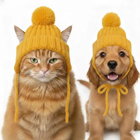Örme Ponponlu Bere Sarı Kedi Ve Köpek İçin 