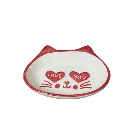 Seramik Yaş Mama Kasesi Kedi Kafalı Kırmızı