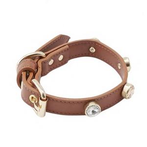 SWAROVSKİ TAŞLI DERİ BOYUN TASMASI KAHVE RENGİ XS